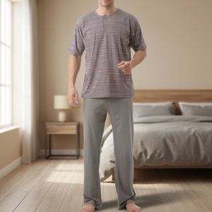 Ensemble pyjama long en jersey teint en fil 100% coton confortable et respirant pour hommes - Product Image 3