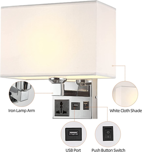 Bedside <strong>Wall</strong> <strong>Mount</strong> <strong>Light</strong> <strong>with</strong> USB and <strong>Plug</strong> LED Reading Swing Arm Fabric Shade <strong>Wall</strong> Sconce Hardwired <strong>Wall</strong> Lamp for Bedroom Hotel - Product Image 5