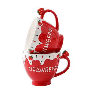 Wholesale underglaze <b>ribbon</b> embossed strawberry ceramic water cups, high-value office milk and oatmeal breakfast mugs - Product Image 2