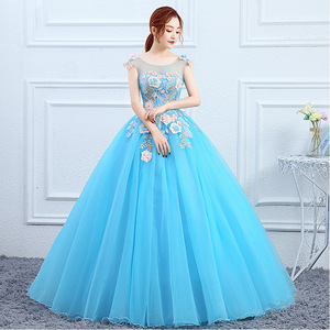 Sky Blue Ball Gown O-Neck Floral Print Chiffon Empire Waistline Long Evening Dress For Women - Product Image 1
