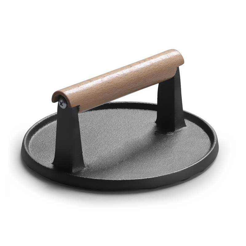 Круглый пресс для бургеров, пресс для бургеров бекона с деревянной ручкой, черный чугунный пресс для гриля
