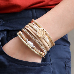 สร้อยข้อมือแฟชั่นสีฟ้าหนังถักประดับเพชรพลอยตัวล็อคแม่เหล็กสไตล์โบฮีเมียนของขวัญเครื่องประดับ - Product Image 3