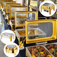 Server prasmanan mewah, pernikahan, Set penghangat makanan kaca 9L emas piring Chafing dengan bagian dalam terpisah untuk katering