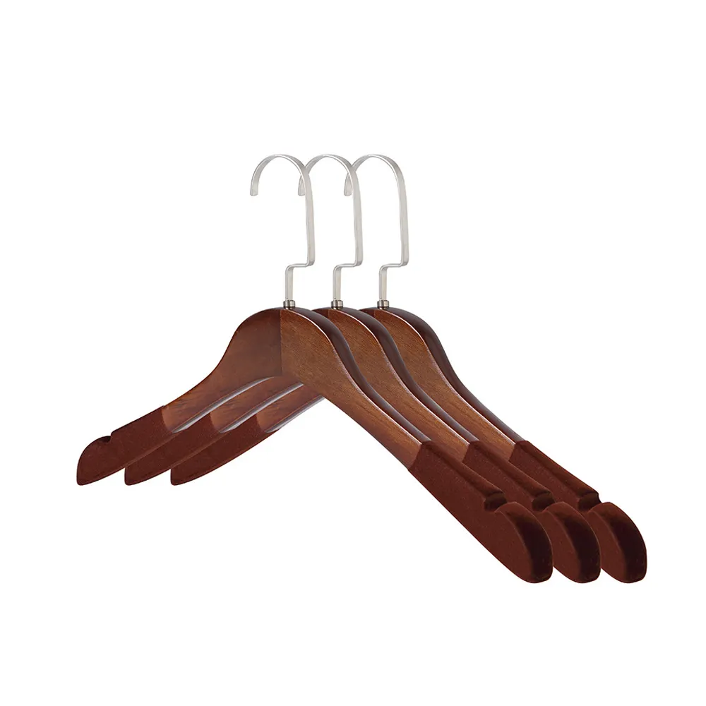 Chinese Factory Customized Low MOQ Zara Popular Wooden Coat Suit Clothes Hanger with Velvet on shoulder