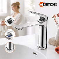 Robinet de lavabo moderne à levier unique avec finition chromée polie, bec plat, aérateur, montage sur plan, en acier inoxydable