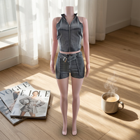 Nouvel ensemble tendance décontracté en jean stretch délavé avec veste courte et short en coton, col montant, deux pièces assorties pour femme