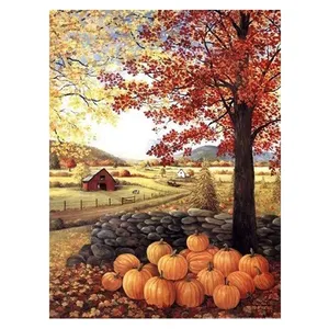 Kit de point de croix en mosaïque diamantée, citrouilles d'automne, motif d'arbre de peinture diamantée 5d sur toile