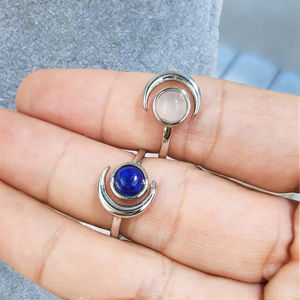 Bague ajustable tendance en lapis-lazuli naturel et quartz rose en forme de lune, bijoux en argent sterling 925, cadeau d'anniversaire de mariage pour femmes - Product Image 3