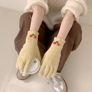 Gants tricotés chauds d'hiver de style haut pour femmes avec caractéristique imperméable Gants à doigts à écran tactile Petite conception à volants cerise - Product Image 1