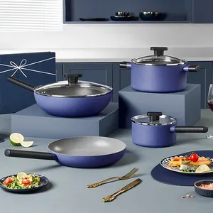 คุณภาพสูง Non Stick อลูมิเนียมหม้อชุดเครื่องครัวกล่อง 4 ชิ้นทําอาหารสีม่วงกระทะชุดเครื่องครัวพร้อมฝาปิด