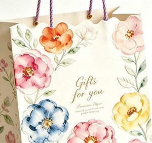 wholesale custom paper packaging shopping <b>bags</b> Elegant watercolor flower gift <b>bag</b> with scalloped edge present packing gift <b>bag</b> - Product Image 5