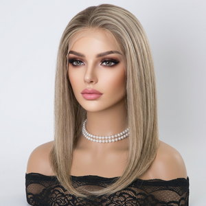 Peluca de Cabello Humano 100% Hecha a Mano, Rubio Ceniza Balayage, Frente de Encaje con Parte Superior de Monofilamento, 12 Pulgadas, Doble Trama, Larga y Lisa - Product Image 1