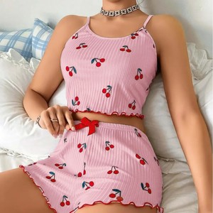 Women's V-Neck <b>Short</b> Sleeve Cherry Print Suspender <b>Shorts</b> Pajamas Elastic Waist Casual Fashion <b>Polyester</b> Knitted Fabric Soft - Product Image 2