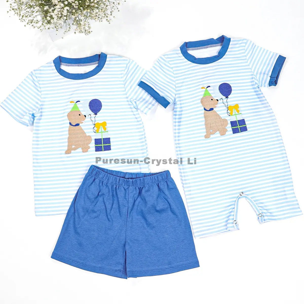 Groothandel Jongens Kleding Sets Zomer Verjaardag Outfits Met Puppy Borduurwerk Voor Kinderen