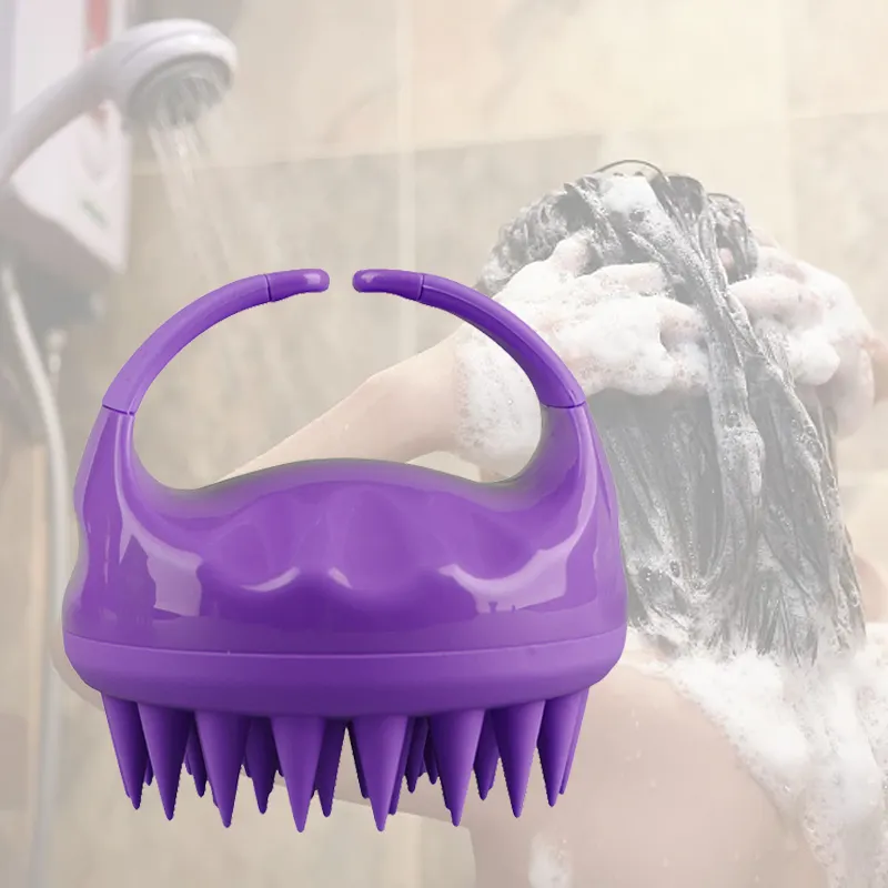 Salon de coiffure utilisant une brosse de massage du cuir chevelu écologique shampooing brosse en silicone masseur violet pour la croissance des cheveux