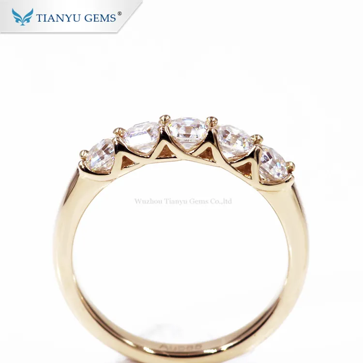 Tianyu Gem 14k Solid Yellow Gold U Shape Prongs 5 Stones Asscher cut Moissanite Proposal Wedding Ring Band