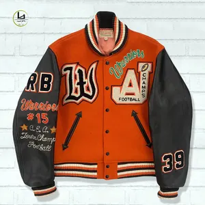 HL manufacture streetwear heavyweight contrast color embroidery letterman jacket mens custom sleeve leather varsity jacket