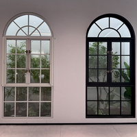 Ventana Abatible Arqueada Francesa Personalizada, de Aluminio, con Doble Acristalamiento Templado, Diseño de Rejilla, para Dormitorio o Baño de Villa