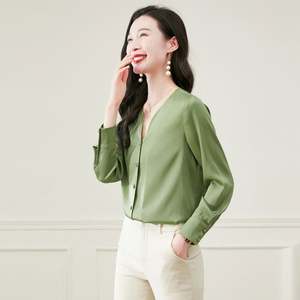 Camisa de manga larga de seda elegante e intelectual de varios botones de una sola fila con cuello cuadrado de Color sólido de primavera para damas de oficina - Product Image 5