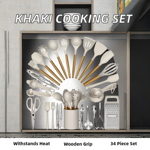 Juego de utensilios de cocina de silicona Umite Chef Khaki, 34 piezas, resistentes al calor, con mango de madera, herramientas de cocina, rallador, espátula antiadherente - Product Image 2