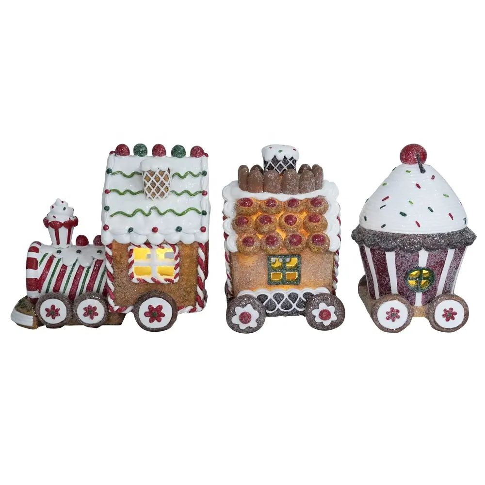 Tùy Chỉnh Thiết Lập 3 Handmade LED Nhựa Thủ Công Mỹ Nghệ Train Hình Gingerbread Nhà Giáng Sinh Làng Bức Tượng Giáng Sinh Nhựa