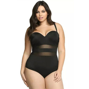 Nouveau Maillot de Bain Entier Grande Taille pour Femmes Rondes, Couleur Unie avec Empiècements en Maille, Noir - Product Image 3