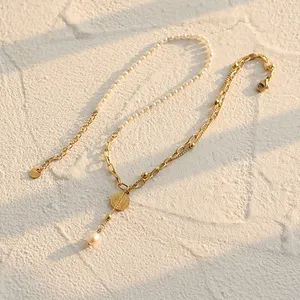 New Design Delicate Stainless Steel Half Pearl Half Beaded Half Paperclip Chain 18K Gold Plated Queen Coin Pendant Necklace