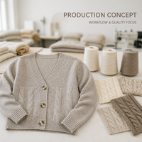 Kardigan Rajut Kabel Wanita Warna Beige, Kerah V, Lengan Panjang, Kancing Depan, Tekstur Kepang, Manset Bergaris, Model Crop, Pakaian Santai untuk Layering