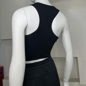 ODM High Quality <b>Black</b> Crew Neck Ribbed H-Shaped Back Crop Tanks <b>Tshirt</b> for <b>Women</b> - Product Image 3