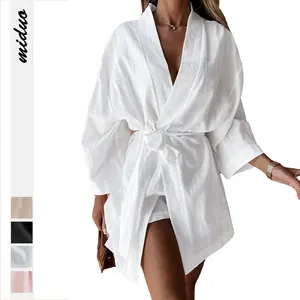 Домашняя одежда, мягкая пикантная одежда для сна из 100% искусственного шелка, платье с V-образным вырезом и завязкой, Дамская пижама, халат, женская ночная рубашка