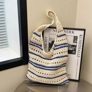 Custom Handmade Large Capacity Striped Cotton Knitted Women's Shoulder Tote Crochet Bag Niche <b>Woolen</b> Woven Fashionable Accessory - Product Image 2