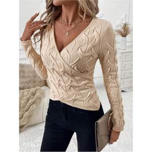 Suéter de punto trenzado con cuello en V para mujer, manga larga, cruzado, elegante, para otoño - Product Image 2