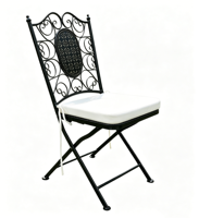 Chaise pliante vintage en fer forgé noire avec coussin pour jardin, mariage, événement, ou réception