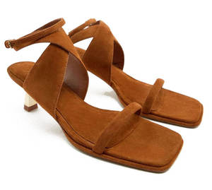 XINZI RAIN Sandalias de verano para mujer Sandalias de tacón medio de 7cm con correa cruzada de cuero de ante marrón y punta cuadrada de ajuste <span class=keywords><strong>ancho</strong></span> para mujer - Product Image 3