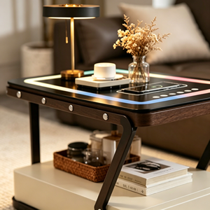 Table basse intelligente moderne avec éclairage LED, plateau en verre trempé, tiroir de rangement, meubles de salon - Product Image 3