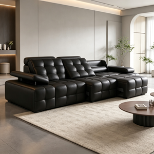 Sofá Seccional Moderno en Forma de L de Cuero Sintético Negro con Respaldo Acolchado y Brazos Acolchados para Sala de Estar - Product Image 5