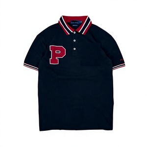 Camisa Azul Marino Personalizada para Hombre con Logotipo P Rojo, Manga Corta, Estilo Preppy, Algodón Oxford, Diseño con Bolsillo Frontal Bordado - Product Image 1