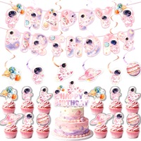 Vaisselle jetable d'anniversaire sur le thème de l'espace, ciel étoilé rose, assiettes en papier, gobelets, serviettes, nappe, guirlande, décorations d'anniversaire