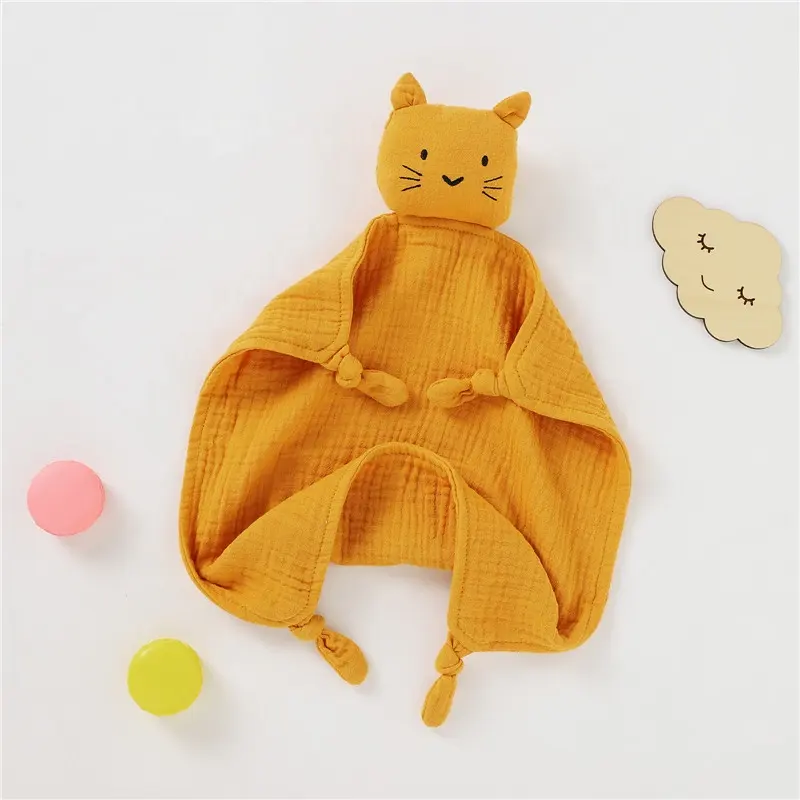 Hot Sale Organic Cotton Soft Toy Muslin Blanket Animal Baby Cat Lovey Baby Comforter