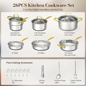 Juego de Utensilios de Cocina de Acero Inoxidable de 26 Piezas con Tapas de Vidrio, Asas de Acero Inoxidable, Sin Recubrimiento, Compatible con Inducción de Gas, Lavavajillas y Horno - Product Image 2