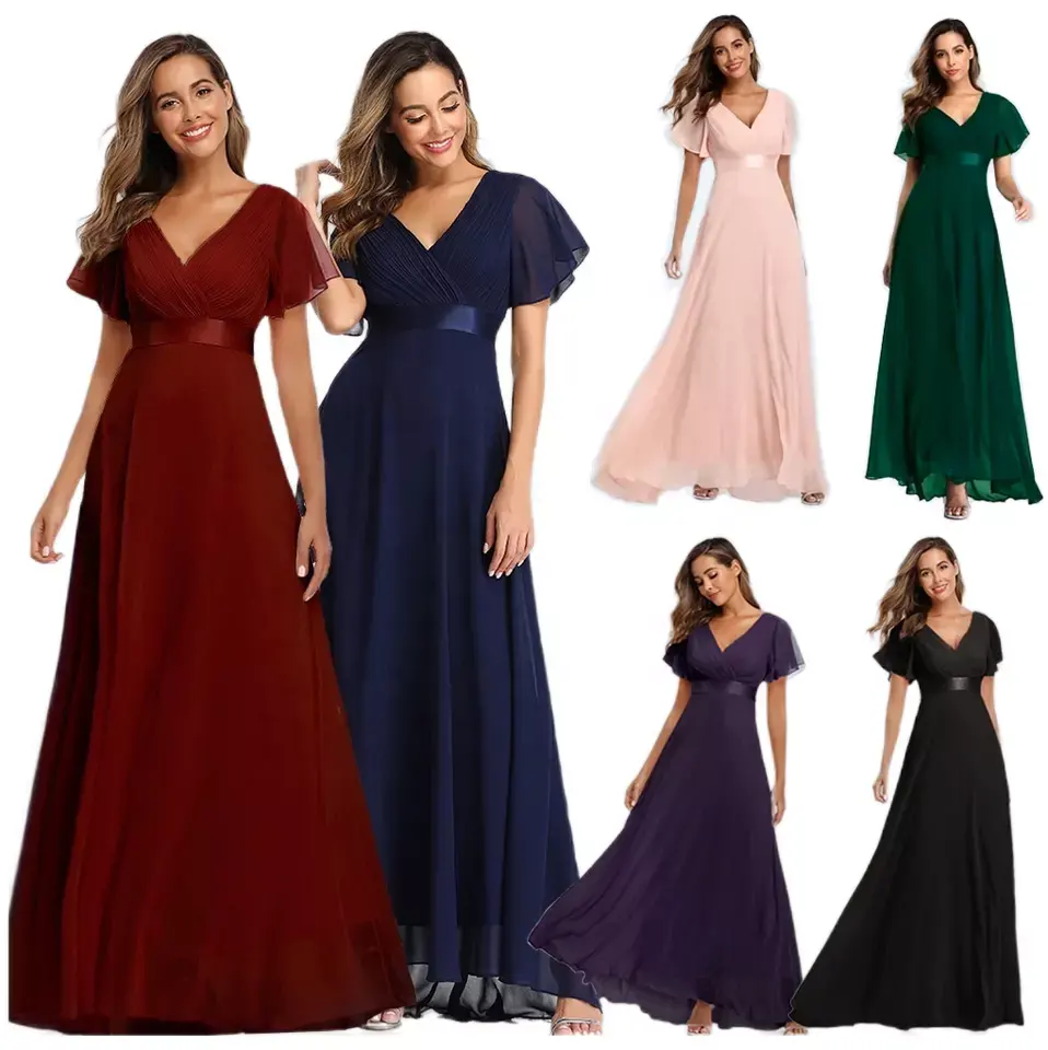 XU90812 High Quality Hand Folded Bridesmaid Dresses Large Swing V-neck Flare Sleeve Chiffon Dress Elegant Evening Dresses 2022