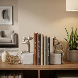AK Brass Musicians Metal Bookends Set of 2 Nickel Finish with Marble Base Decorative Book Holders for Living Room Table Decor - Product Image 1