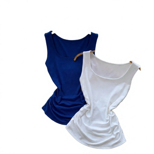 Camiseta sin mangas con cuello redondo y fruncido para mujer, de color liso, transpirable, de punto, estilo minimalista, blanca y azul - Product Image 1