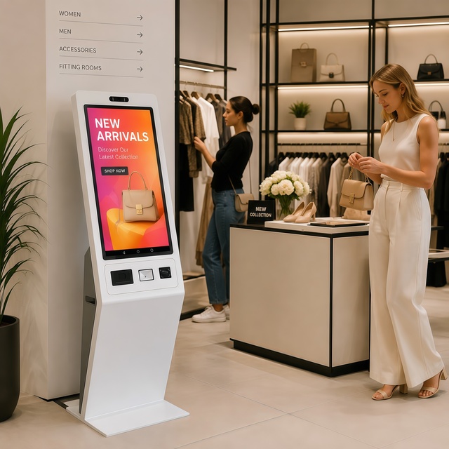 Luxury Mall Digital Signage: 32" Self Service Kiosk with 10 Point Capacitive Touch AI Camera for Fashion Boutique & Retail
