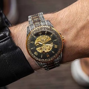 Reloj de Hombre WINNER, Lujoso, Retro, Luminoso, Dorado, con Correa de Acero Inoxidable, Movimiento Mecánico Automático, Esqueleto, Resistente al Agua - Product Image 3