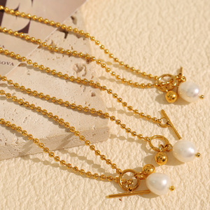 Collar con colgante de perlas de estilo europeo americano para mujer, cadena de oro, perla de agua dulce, cadena minimalista para clavícula, uso diario - Product Image 2