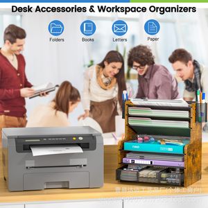 Iron And Wood <b>File</b> Management Rack 6 Layers Desktop Organizer With Drawers Office Supplies <b>Storage</b> Shelf - Product Image 4