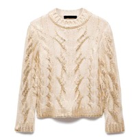Pull à câble en feuille métallique pour femmes, col rond, manches longues, pull épais d'hiver
