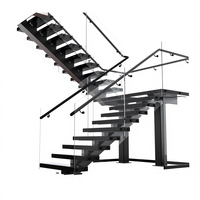 Escaliers intérieurs modernes personnalisés en acier et bois avec garde-corps en verre trempé et mur en verre pour appartement/hall