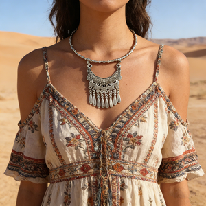 Collar Miao Othere con Borla de Luna Creciente, Colgante Étnico <span class=keywords><strong>Hmong</strong></span> Tallado a Mano con Flecos en Capas, Cadena Delicada de Cuentas de Semillas, Estilo Retro Boho - Product Image 5